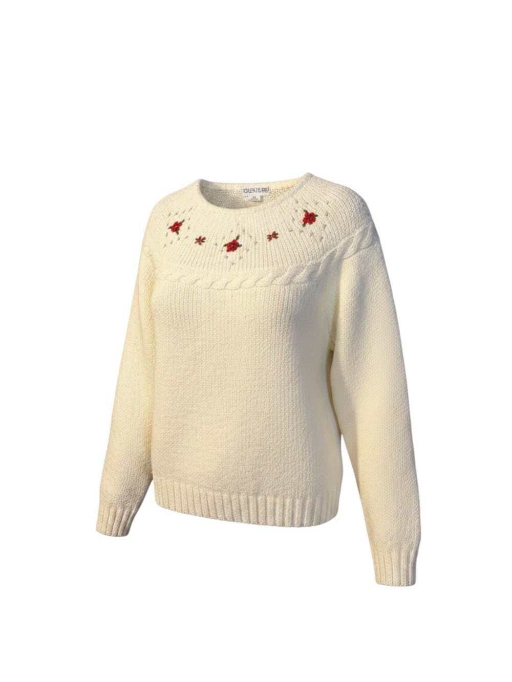 Vintage Color Cues Cream Knit Sweater with Embroidered Floral Detail